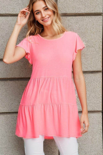 Heimish Full Size Tiered Round Neck Ruffle Sleeve Top Plus Size - Hovatok