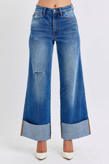 Judy Blue Full Size Distressed High Waist Wide Leg Jeans - Hovatok