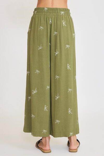 Umgee Full Size Lace Drawstring Embroidered Bow Wide Leg Pants Plus Size - Hovatok