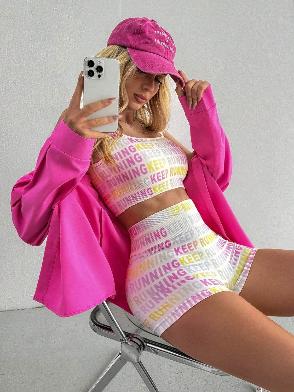 Letter Printed Wide Strap Top and Shorts Active Set - Hovatok