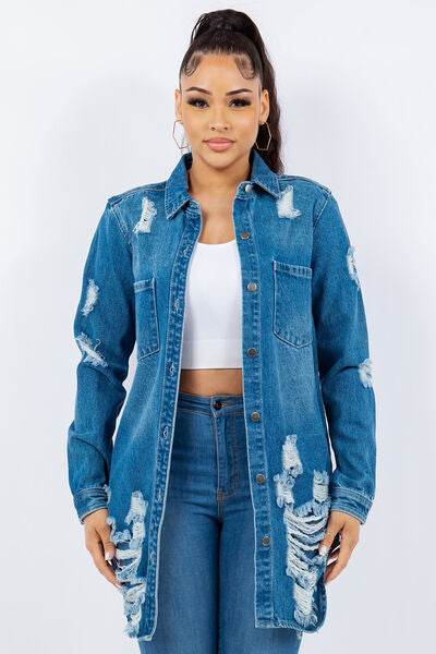 American Bazi Distressed Button Up Long Sleeve Denim Jacket - Hovatok