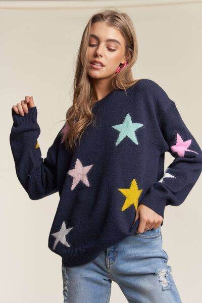 ADORA Stars Pattern Round Neck Drop Shoulder Sweater - Hovatok