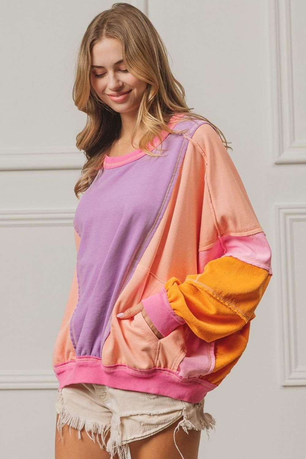 BiBi Color Block Exposed Seam Sweatshirt with Pockets - Hovatok