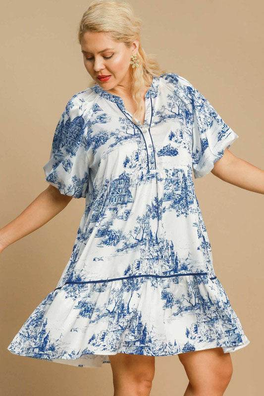 Umgee Full Size Two Tone Landscape Print Dress Plus Size - Hovatok