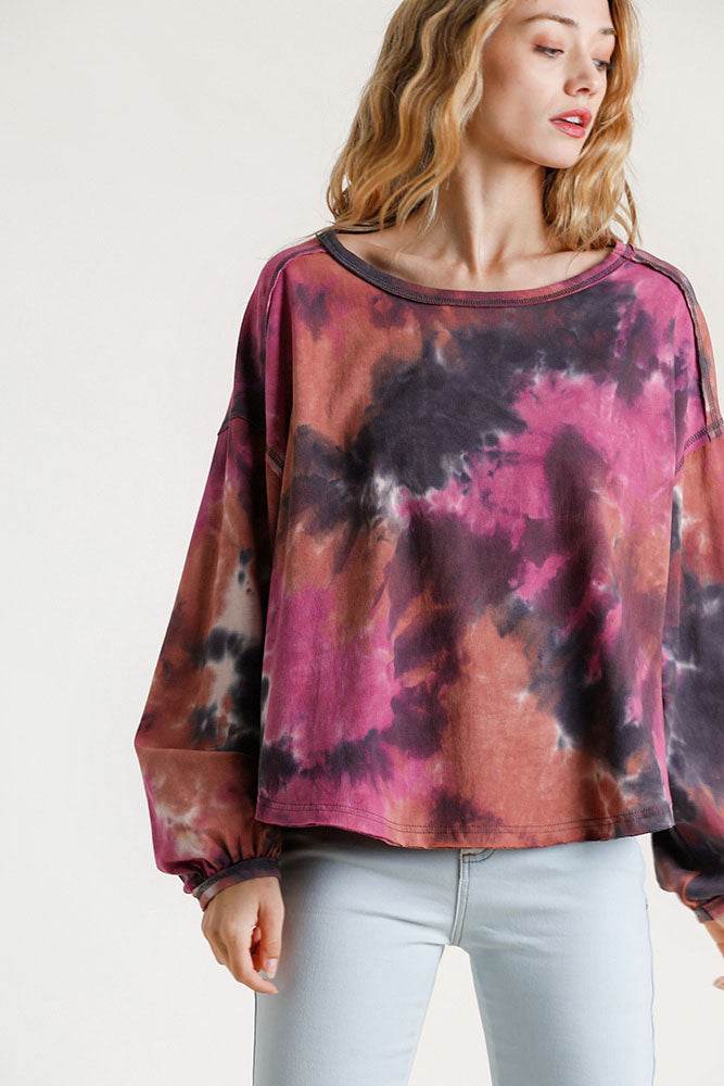 Umgee Full Size Tie Dye Round Neck Long Balloon Sleeve Top Plus Size - Hovatok
