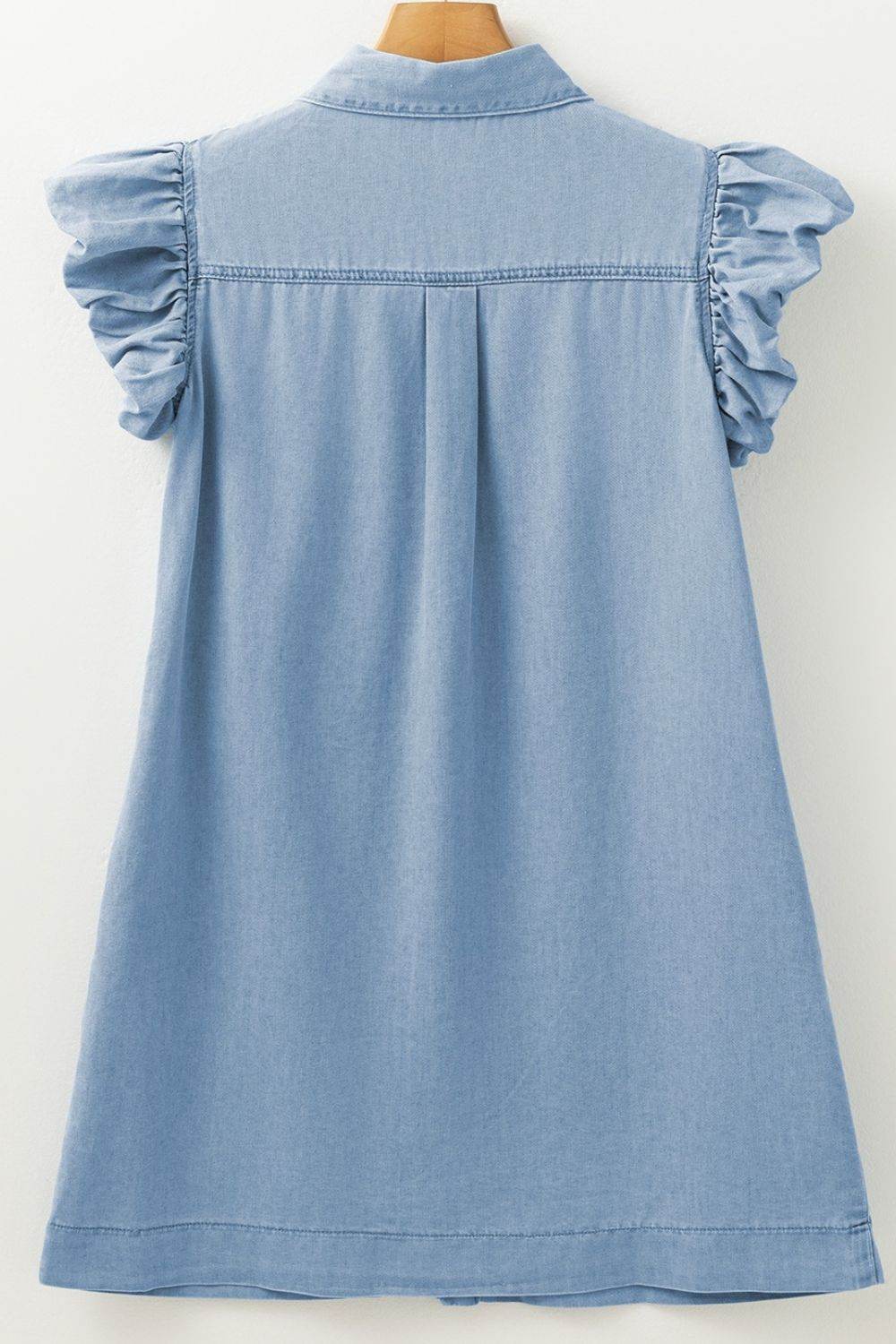 Smocked Collared Neck Cap Sleeve Denim Dress - Hovatok