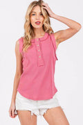 Ces Femme Stitch Detail Half Button Ribbed Tank - Hovatok