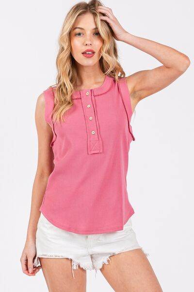 Ces Femme Stitch Detail Half Button Ribbed Tank - Hovatok