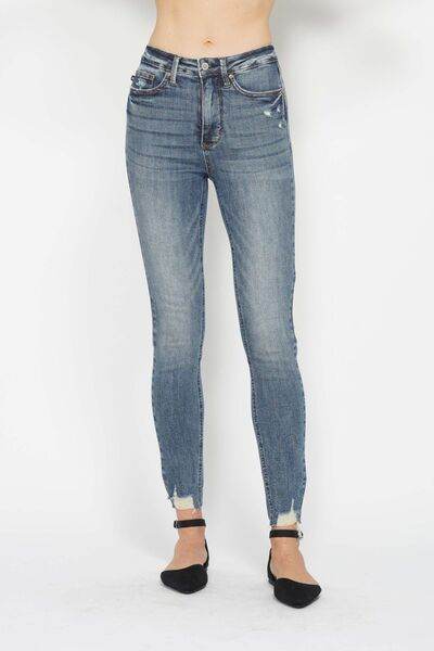 Judy Blue Full Size Tummy Control Vintage Wash Hem Destroy Skinny Jeans - Hovatok