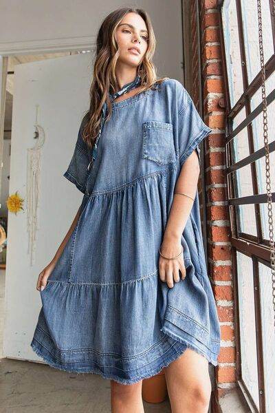 Mittoshop Washed Chambray Denim Oversized Tier Mini Dress - Hovatok