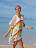 Angel Wings Cutout Striped Cover-Up with Tassel - Hovatok