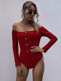 Perfee Decorative Button Off-Shoulder Long Sleeve Bodysuit - Hovatok