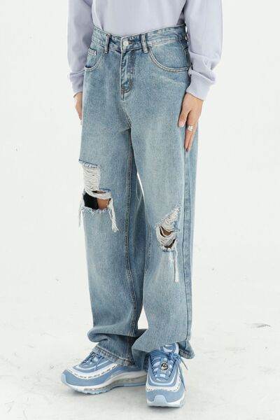 Distressed Wide Leg Jeans with Pockets - Hovatok