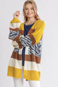 Umgee Full Size Color Block Open Front Longline Cardigan Plus Size - Hovatok