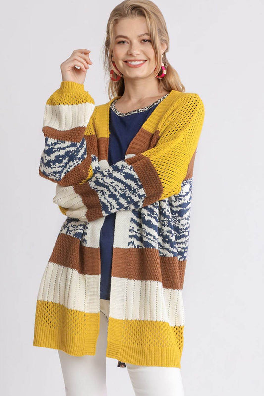 Umgee Full Size Color Block Open Front Longline Cardigan Plus Size - Hovatok