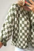 Double Take Tied Checkered Dropped Shoulder Flounce Sleeve Cardigan - Hovatok