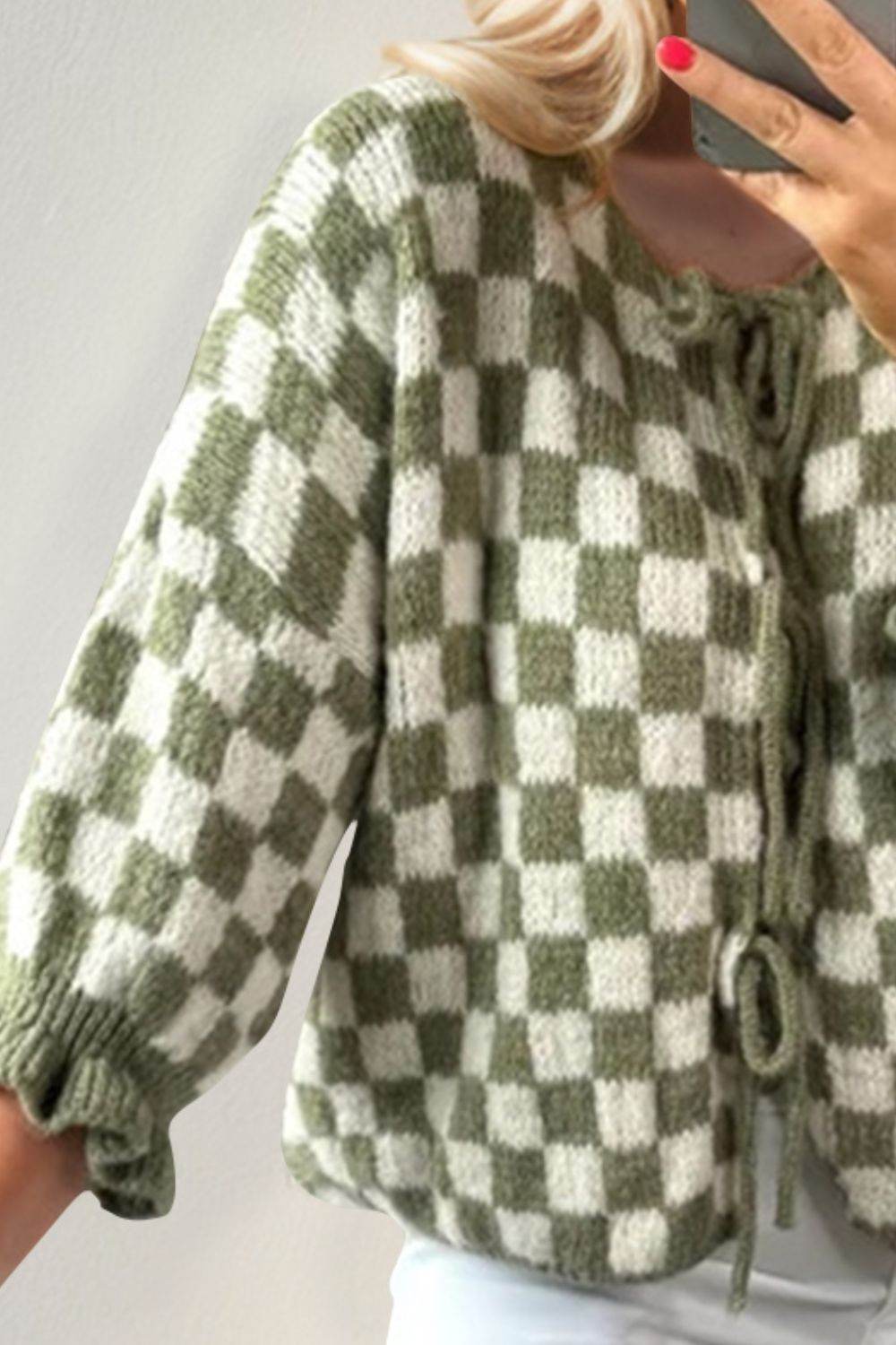 Double Take Tied Checkered Dropped Shoulder Flounce Sleeve Cardigan - Hovatok