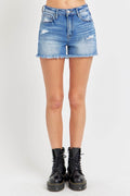 RISEN Full Size High Rise Distressed Raw Hem Denim Shorts - Hovatok