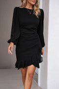 Devine Ruched Ruffled Balloon Sleeve Mini Dress - Hovatok