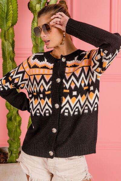 BiBi Ethnic Pattern Button Up Knit Cardigan - Hovatok