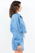 American Bazi Drawstring Waist Crop Denim Jacket - Hovatok