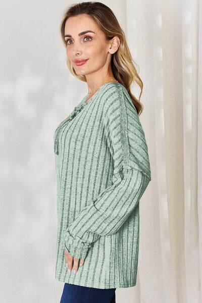 Basic Bae Full Size Ribbed Half Button Long Sleeve T-Shirt - Hovatok