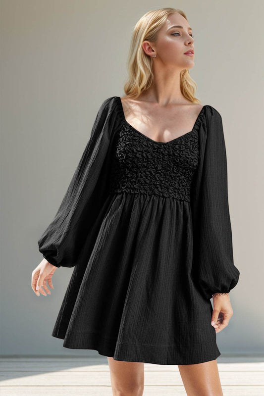 Double Take Texture Smocked Balloon Sleeve Mini Dress - Hovatok