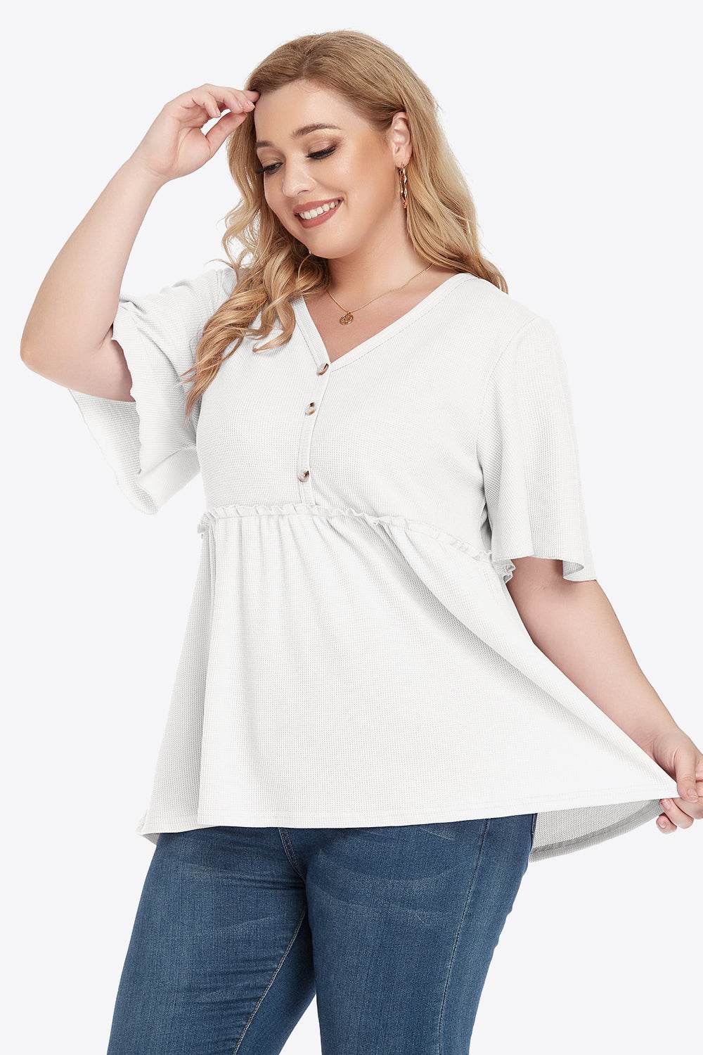 Plus Size Buttoned V-Neck Frill Trim Babydoll Blouse - Hovatok