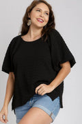 Umgee Full Size Boxy Cut Jacquard Round Neck Top with Side Slit Plus Size - Hovatok