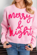 Double Take Full Size MERRY & BRIGHT Christmas Dropped Shoulder Cropped Sweater - Hovatok
