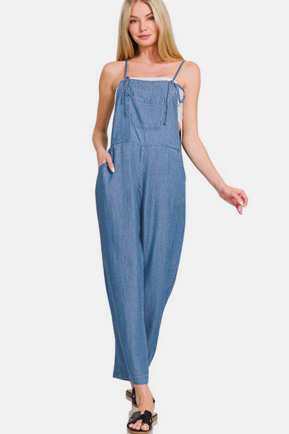 Zenana Washed Adjustable Strap Wide Leg Denim Overalls - Hovatok