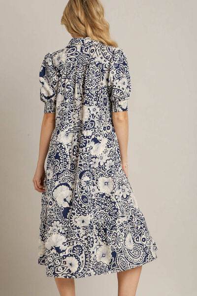 Umgee Full Size Printed Smocked Cuff Puff Sleeve Midi Dress Plus Size - Hovatok