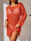 Openwork Boat Neck Long Sleeve Cover-Up - Hovatok