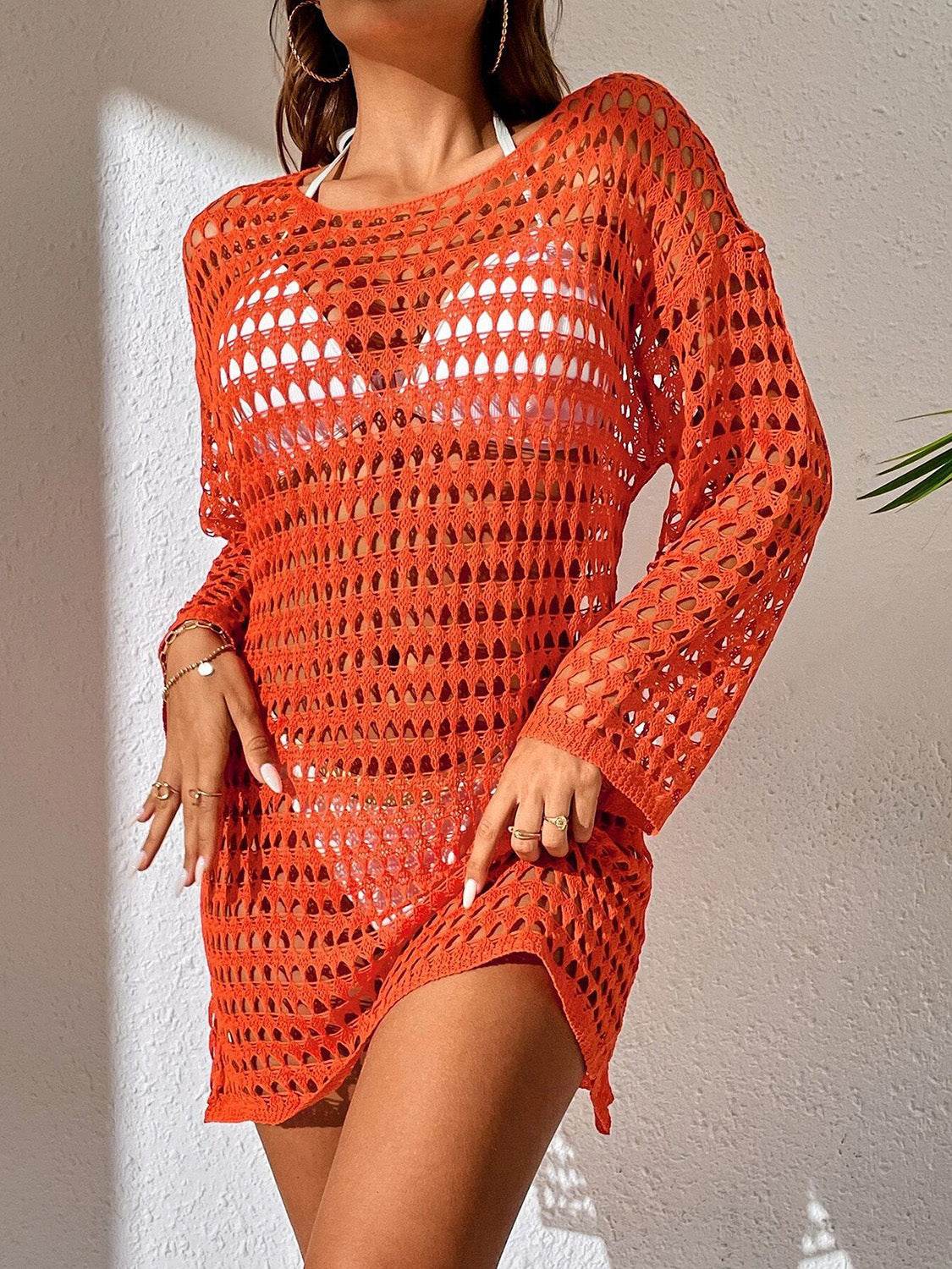 Openwork Boat Neck Long Sleeve Cover-Up - Hovatok