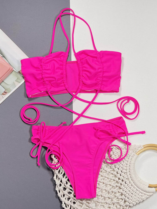 Halter Neck Drawstring Detail Bikini Set - Hovatok