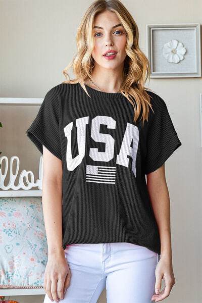 Heimish Full Size USA Graphic Short Sleeve Ribbed Top - Hovatok