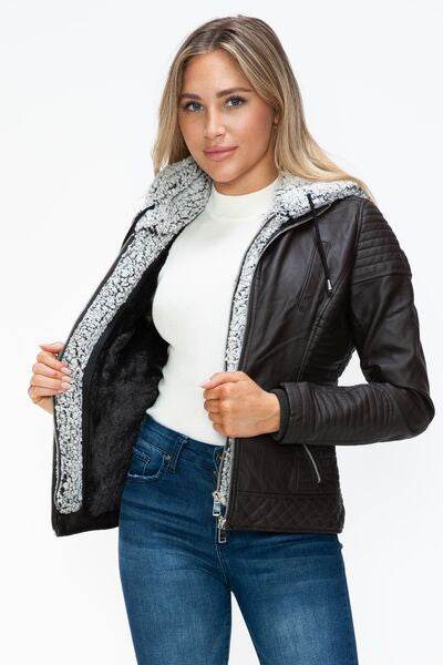 YMI Faux Layered Double-Zipper Jacket with Fuzzy Hood - Hovatok