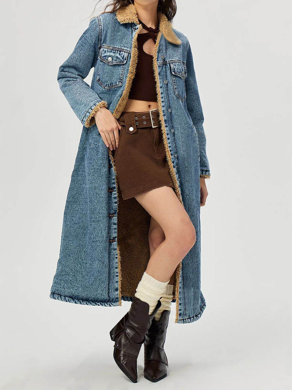 Pocketed Button Up Denim Jacket with Fur Lining - Hovatok
