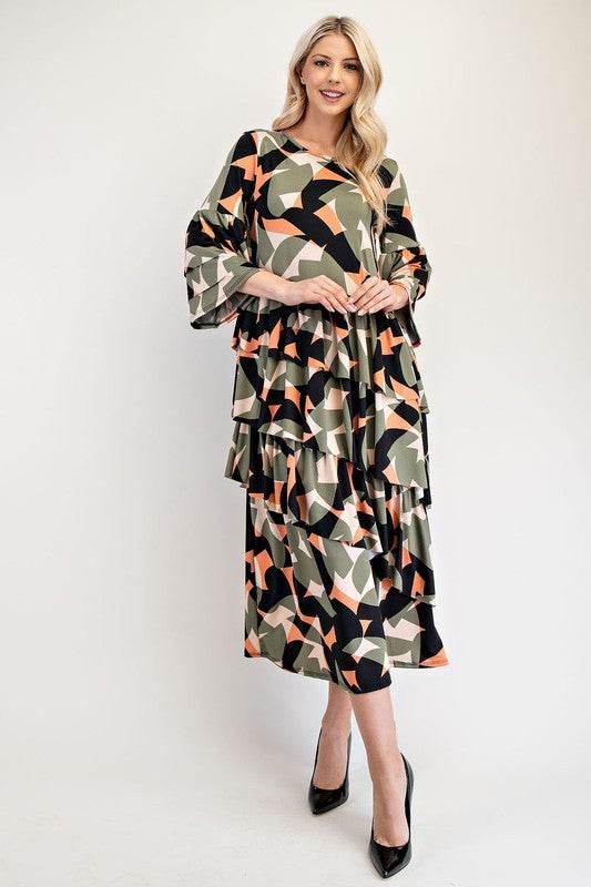 Celeste Full Size Printed Asymmetrical Ruffle Midi Dress Plus Size - Hovatok