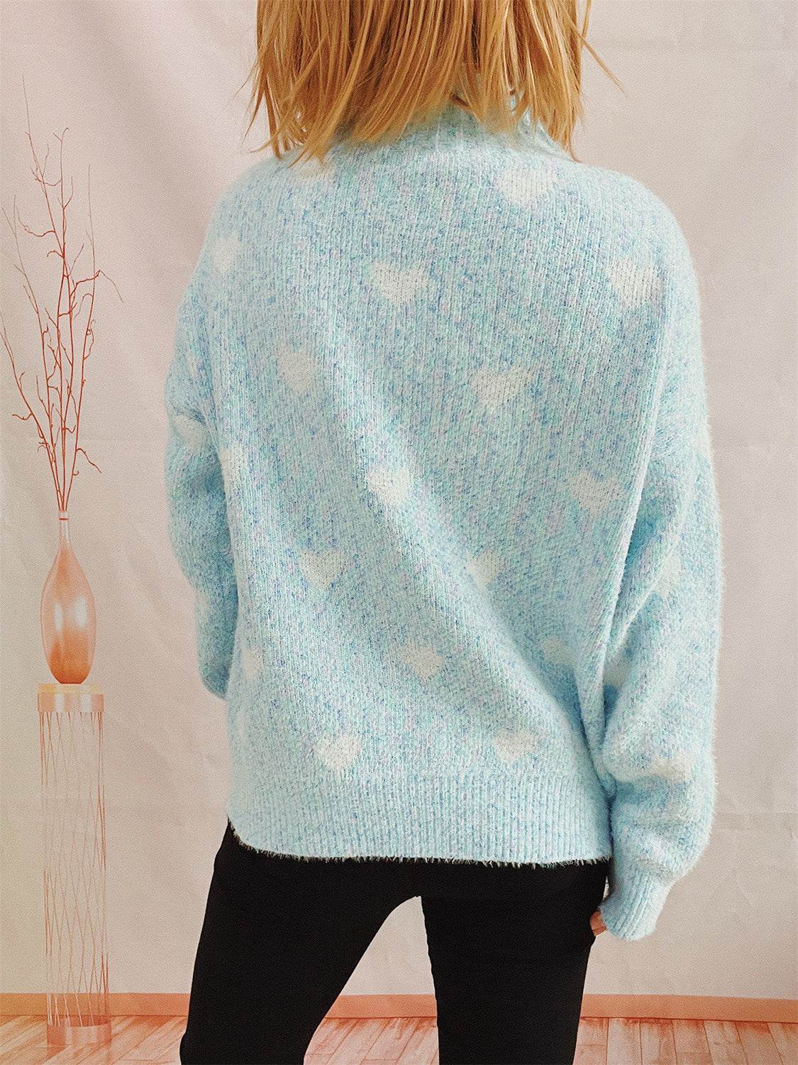Heart Heathered Turtleneck Drop Shoulder Sweater - Hovatok