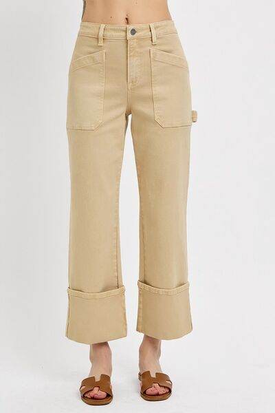 RISEN Full Size High Rise Wide Straight Cuffed Patch Jeans Plus Size - Hovatok