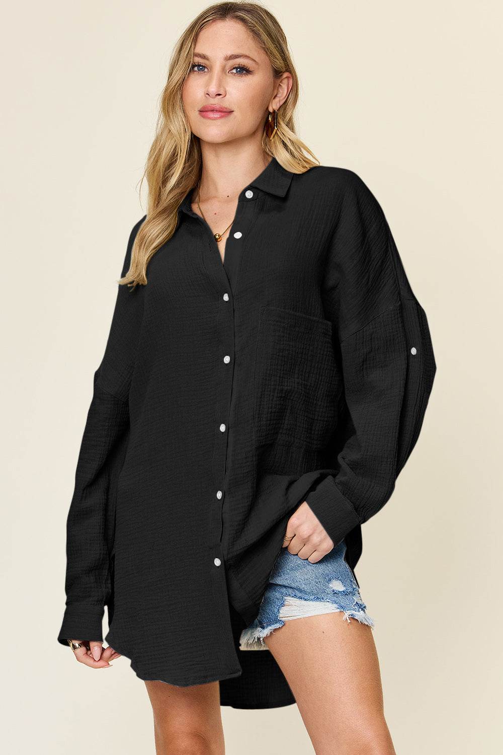 Double Take Full Size Pocketed Texture Button Up Shirt - Hovatok