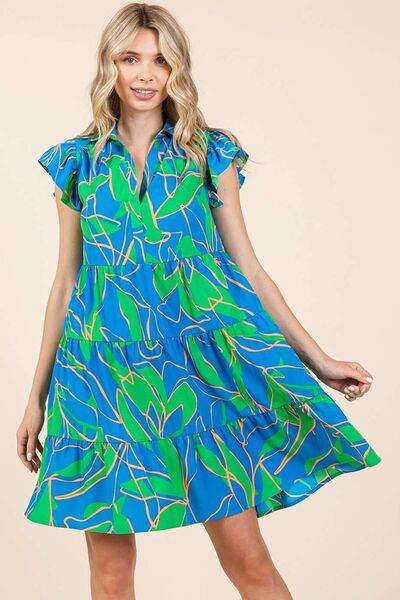 Mittoshop Leaf Print Ruffle Sleeve Tiered Mini Dress - Hovatok
