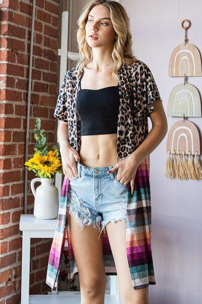 Heimish Full Size Animal Leopard and Stripe Open Cardigan Plus Size - Hovatok