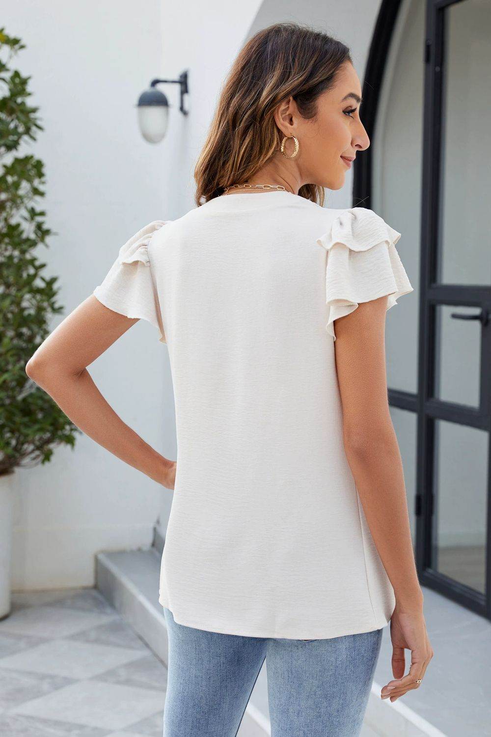 Ruffled Notched Short Sleeve Blouse - Hovatok