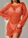 Openwork Boat Neck Long Sleeve Cover-Up - Hovatok