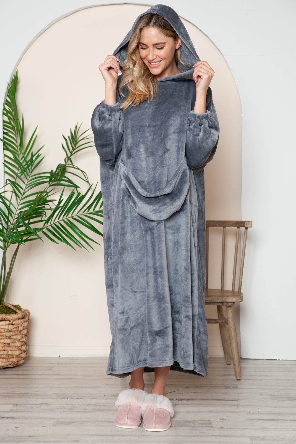 Double Take Full Size Pocketed Hooded Midi Lounge Dress - Hovatok