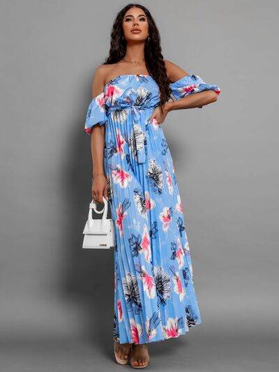 Pleated Floral Off-Shoulder Short Sleeve Midi Dress - Hovatok