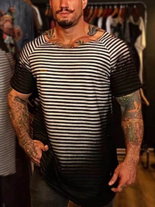 Men's Full Size Round Neck Short Sleeve Striped T-Shirt Plus Size - Hovatok