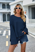 High-Low Slit Round Neck Long Sleeve Sweater - Hovatok
